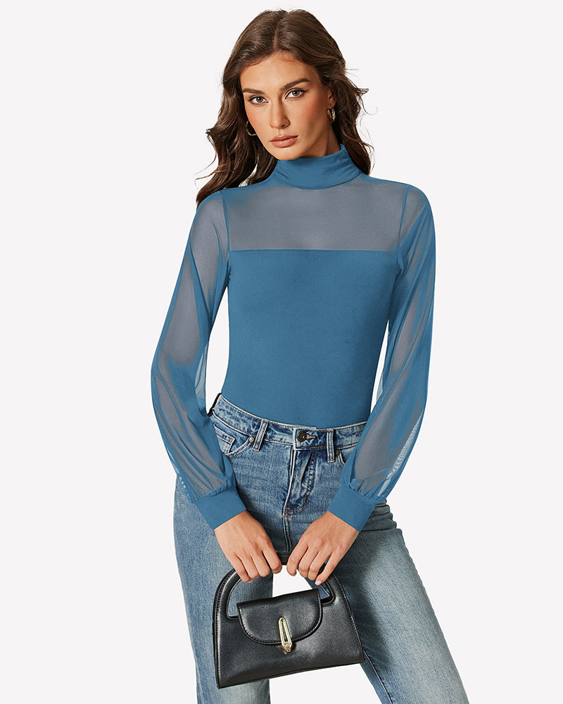 Blue mesh turtleneck long-sleeve bodysuit with high-cut leg and sheer sleeves