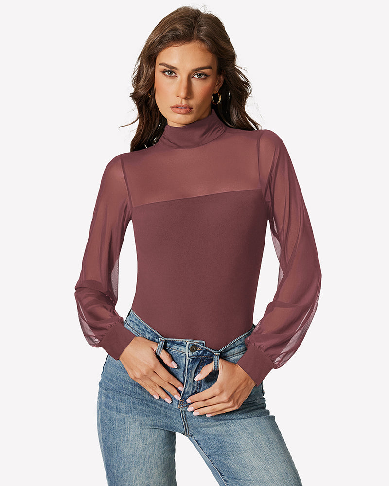 Rose brown mesh turtleneck long-sleeve bodysuit with sheer long sleeves and high-cut leg