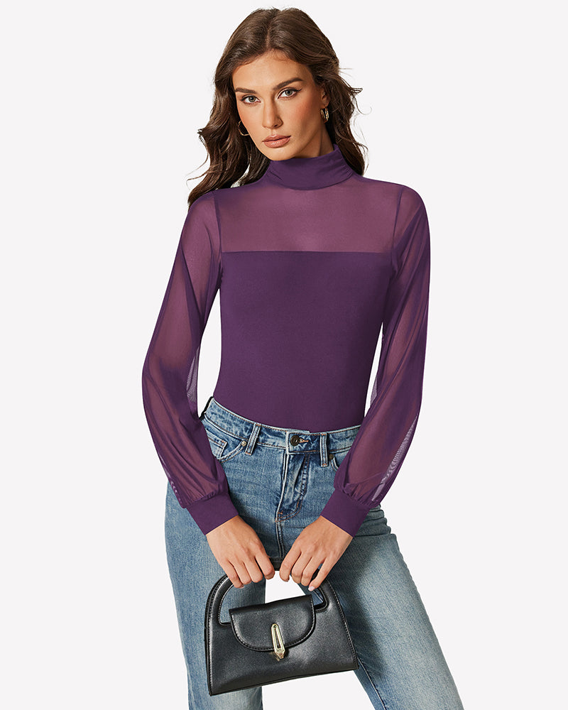 Purple mesh turtleneck long-sleeve bodysuit with sheer sleeves and high-cut leg