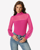 Fuchsia mesh turtleneck bodysuit with long sleeves and high neckline