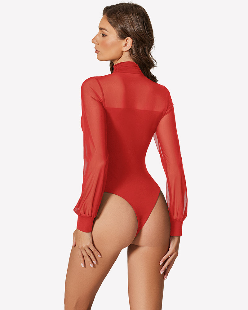 Red mesh turtleneck bodysuit, back view with long sleeves and fitted bodice