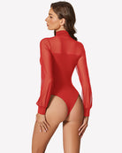 Red mesh turtleneck bodysuit, back view with long sleeves and fitted bodice