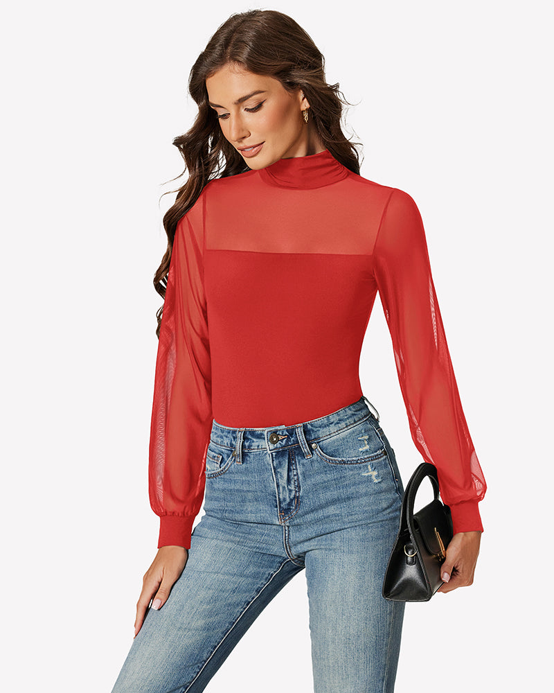 Red mesh turtleneck bodysuit with long sleeves and high neckline