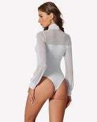 White mesh turtleneck bodysuit, back view with long sleeves and high cut