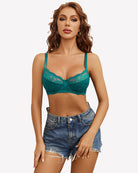 Underwire lace mesh bra in bluish green with scalloped lace cups