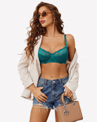 Underwire lace mesh bra in bluish green with lace balconette cups
