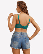 Underwire lace mesh bra in bluish green, back view with racer straps