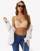 Underwire lace mesh bra in champagne with lace balconette cups