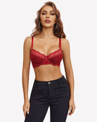 Lace mesh underwire bra in wine red with lace cups and underwire