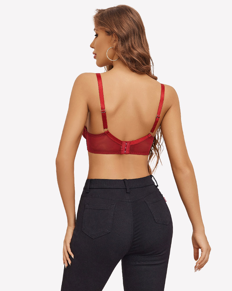 Back-view lace mesh underwire bra in wine red with adjustable shoulder straps