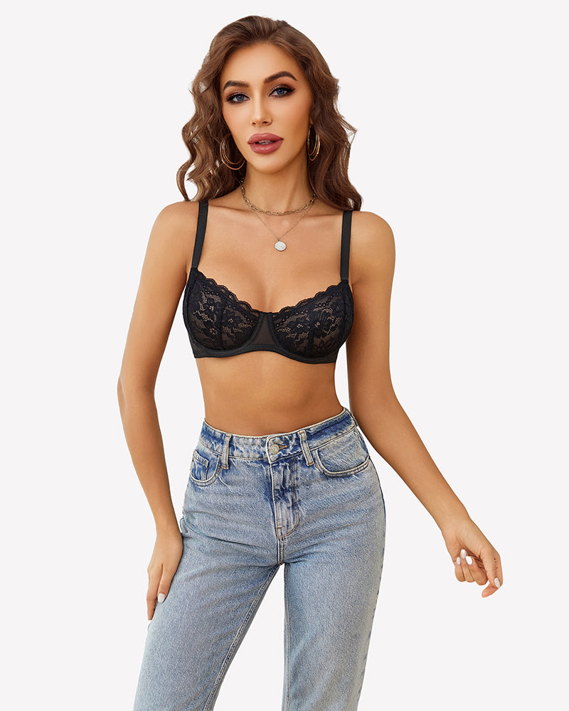 Lace underwire unlined bra in black, scalloped lace trim and underwire cups.
