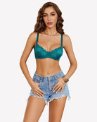Lace underwire unlined bra in teal green, scalloped lace trim and underwire cups.