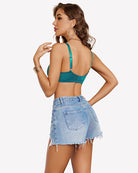Lace underwire unlined bra in teal green, back view with adjustable straps.