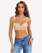 Lace underwire unlined bra in champagne, scalloped lace trim and underwire cups.