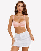 Light pink lace underwire unlined bra with scalloped cups and adjustable straps
