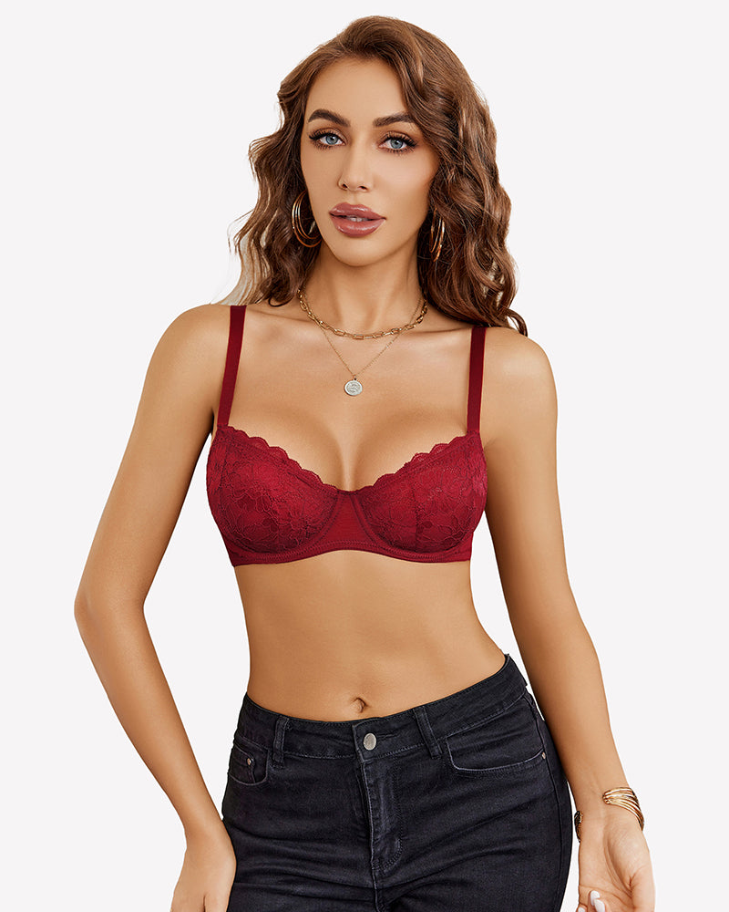 Wine red lace underwire unlined bra with scalloped plunge neckline and cups