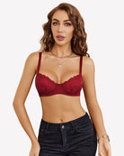 Wine red lace underwire unlined bra with scalloped plunge neckline and cups