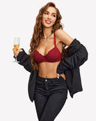 Wine red lace underwire unlined bra with underwire cups and adjustable straps
