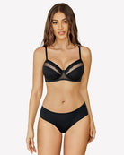 Black lace underwire bra front view with scalloped lace trim and underwire cups