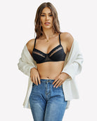 Black lace underwire bra with mesh cups and scalloped trim, adjustable straps