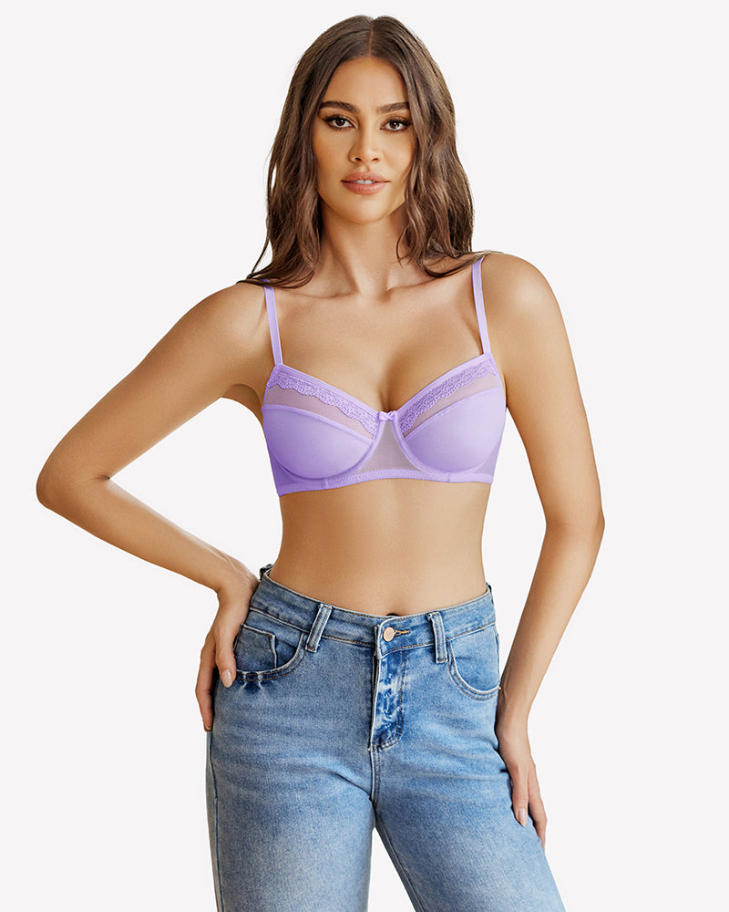 Lilac lace underwire bra with sheer mesh cups and scalloped lace trim