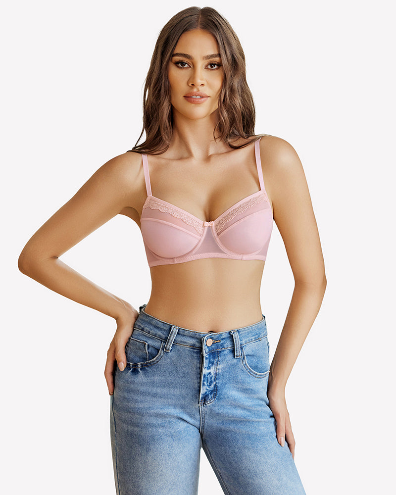 Lilac lace underwire bra front view with sheer cups, underwire support, lace trim