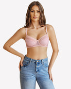 Lilac lace underwire bra front view with sheer cups, underwire support, lace trim