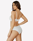 White lace underwire bra with crisscross back straps, back view