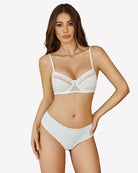 White lace underwire bra with lace cups and adjustable spaghetti straps