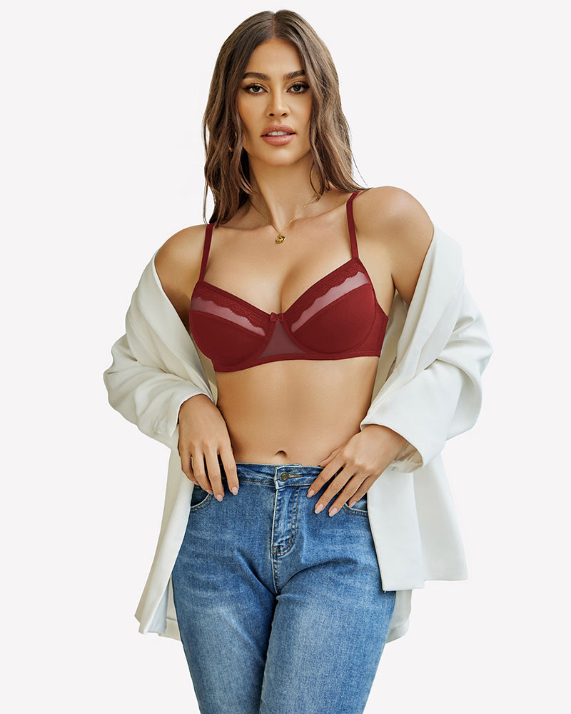 Wine red lace underwire bra with underwire cups and adjustable straps