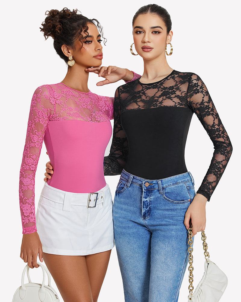 Lace long sleeve bodysuit set: pink and black, each with sheer floral lace sleeves