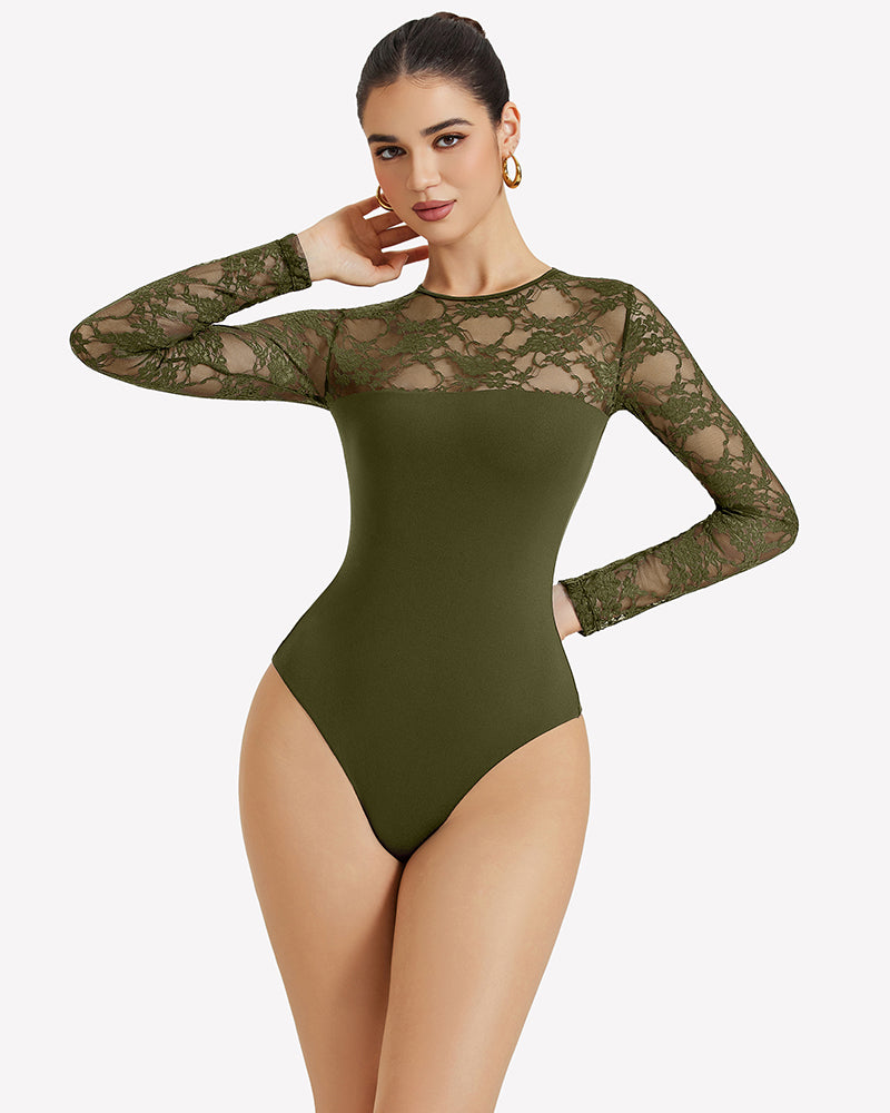 Lace long sleeve bodysuit in olive green with sheer floral lace sleeves and fitted cut