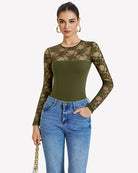 Olive green lace long-sleeve bodysuit top with sheer floral sleeves