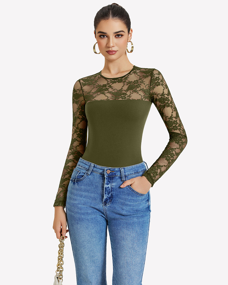 Olive green lace long-sleeve bodysuit top with sheer floral sleeves