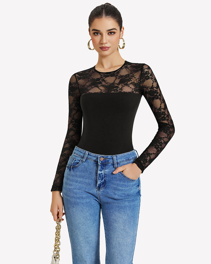 Lace long sleeve bodysuit in black with sheer floral lace sleeves over solid front
