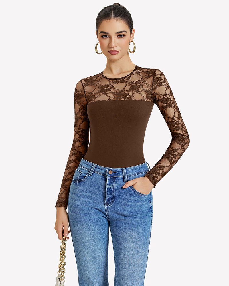 Brown lace long-sleeve bodysuit top with sheer floral sleeves