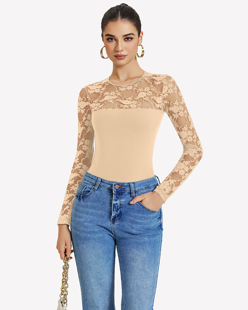 Nude lace long-sleeve bodysuit top with sheer floral sleeves