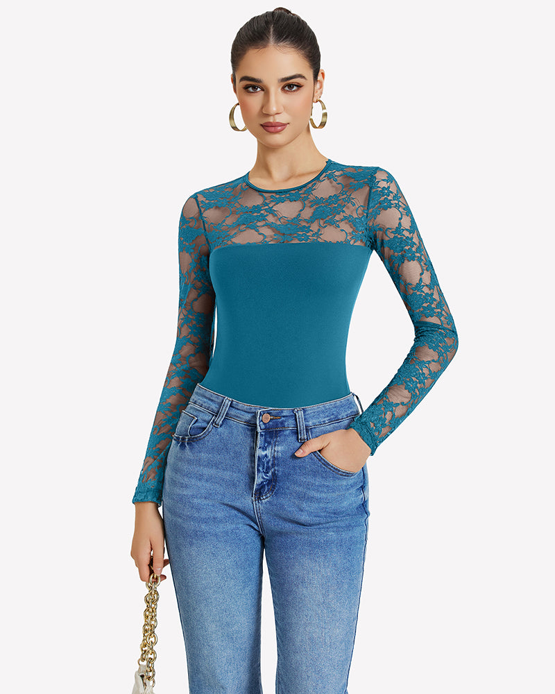 Teal lace long-sleeve bodysuit top with sheer floral sleeves