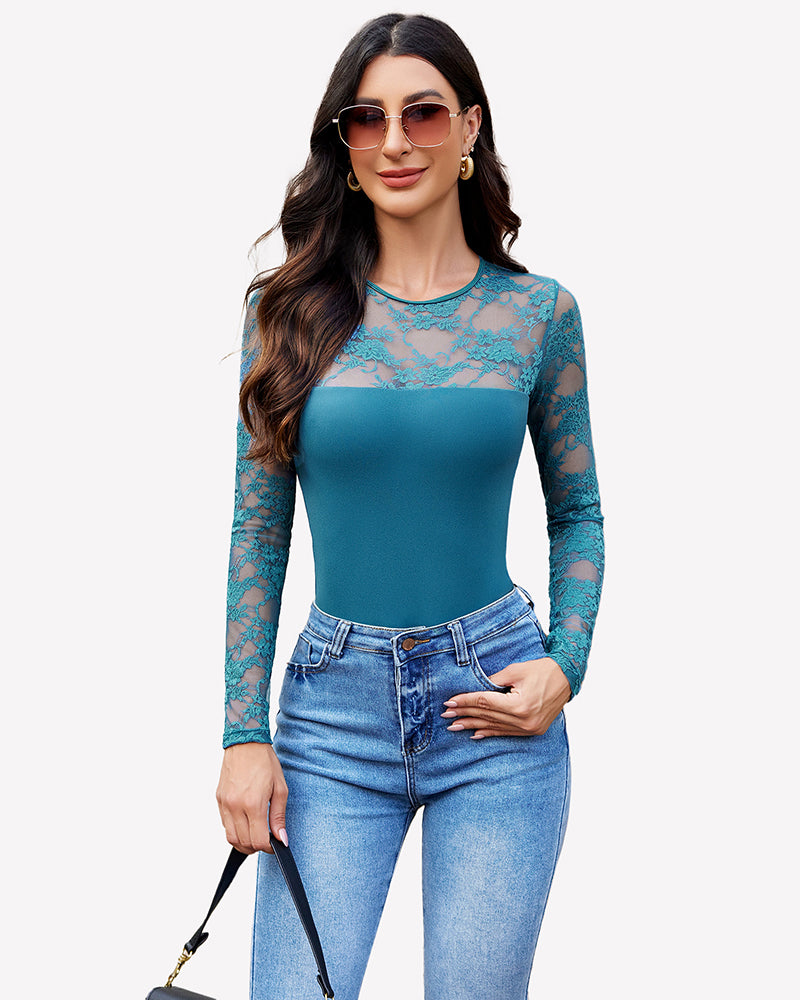 Teal lace long-sleeve bodysuit top with sheer floral sleeves