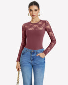 Burgundy lace long-sleeve bodysuit top with sheer floral sleeves