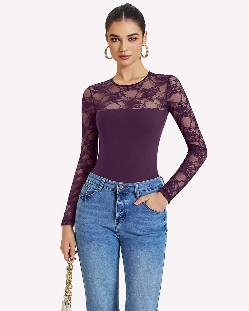 Dark purple lace long-sleeve bodysuit top with sheer floral sleeves