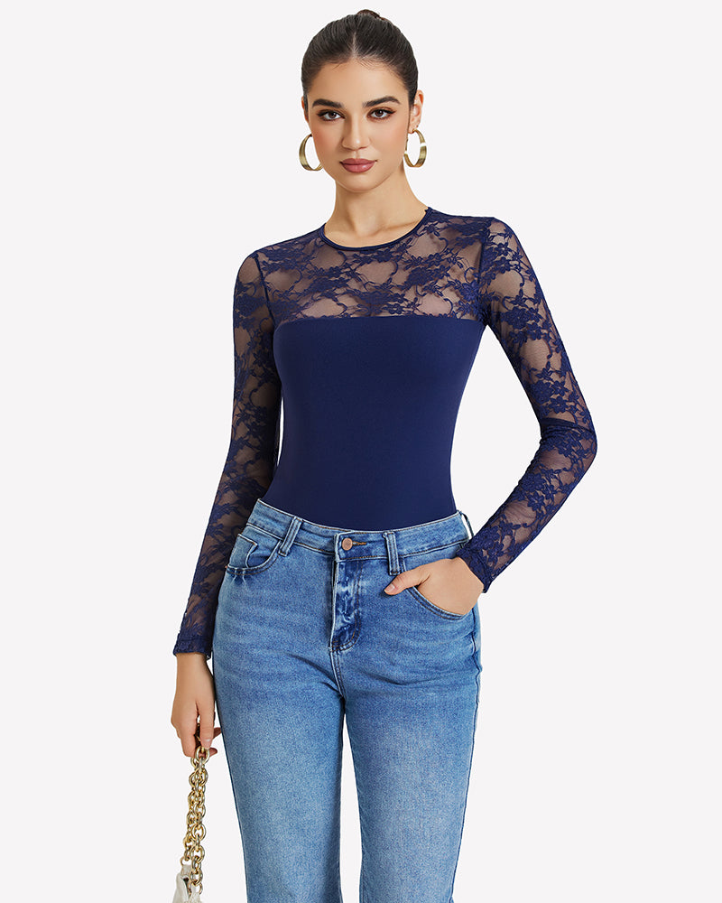Lace long sleeve bodysuit in dark blue with sheer lace sleeves over a solid bodice