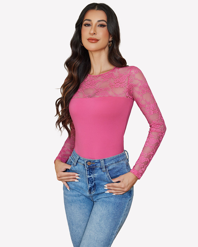 Pink lace long sleeve bodysuit top with sheer lace upper and fitted bodice