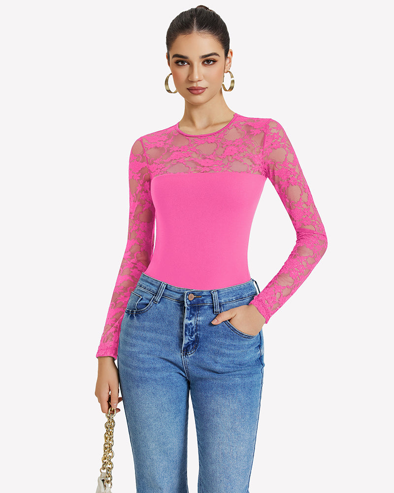 Pink lace long sleeve bodysuit top with sheer lace sleeves and round neckline
