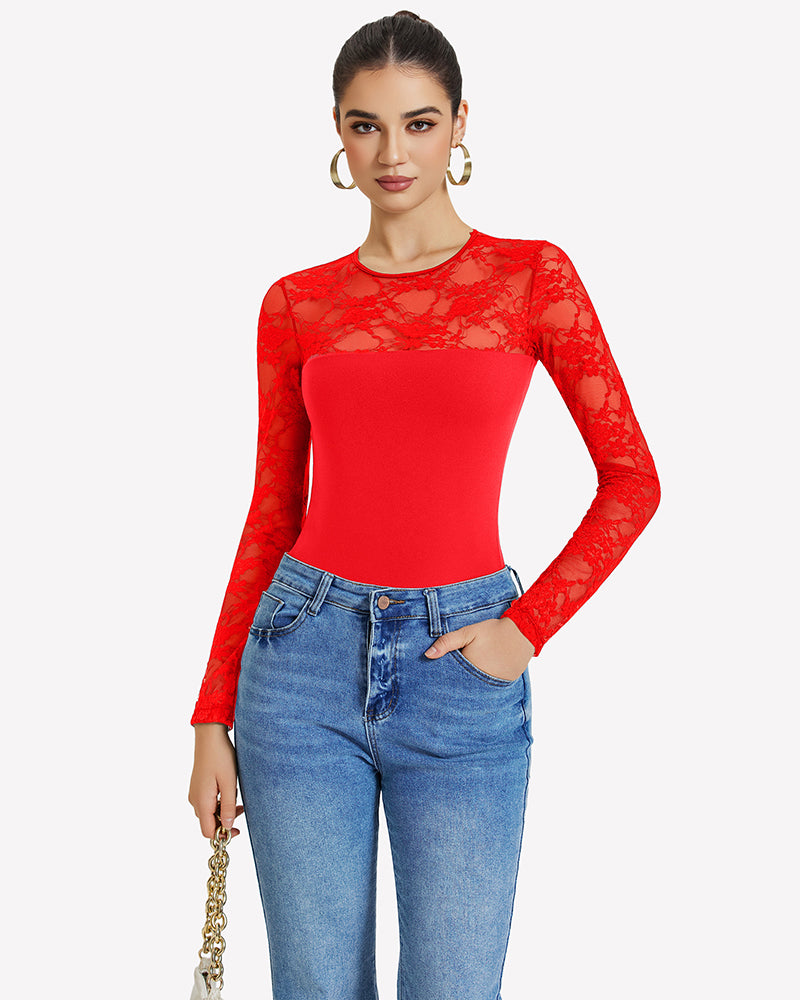 Red lace long sleeve bodysuit top with sheer lace upper and fitted torso