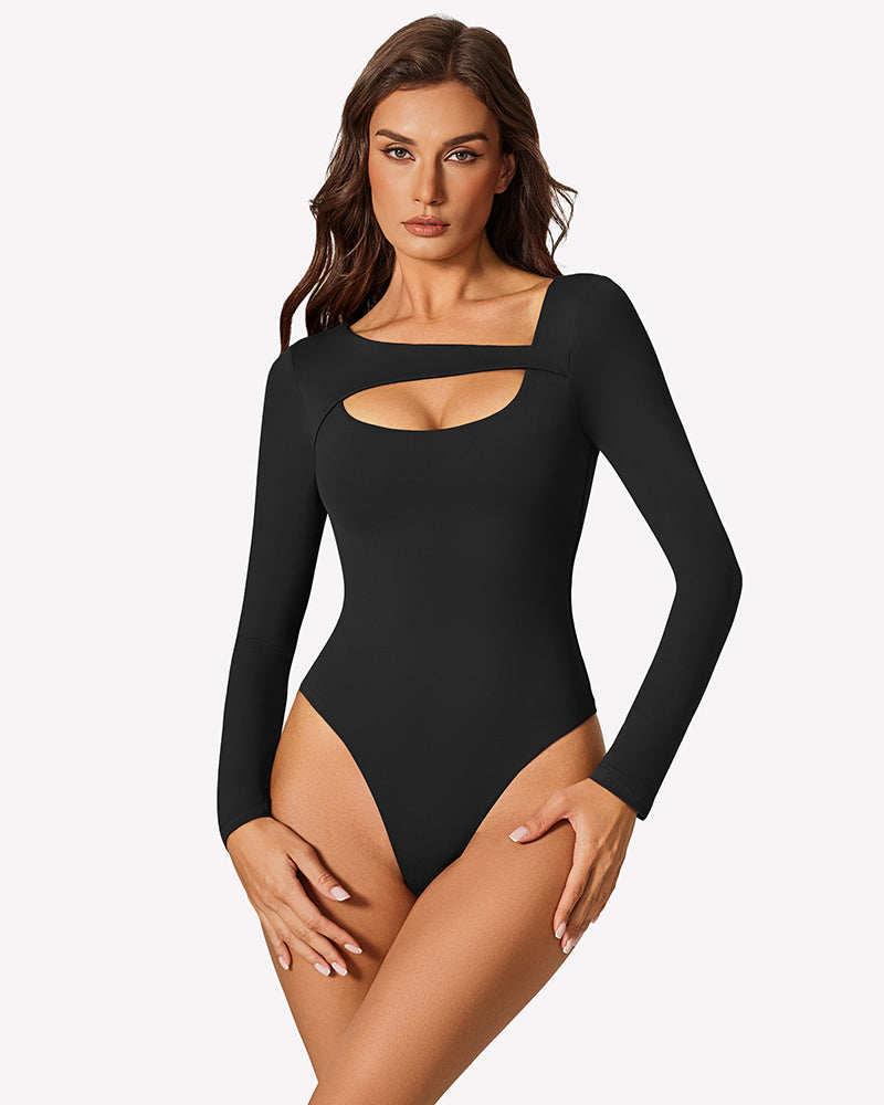 Black long-sleeve shapewear bodysuit with square cutout at chest.