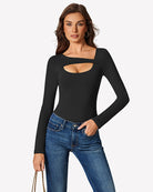 Black long-sleeve cutout shapewear bodysuit with chest opening.