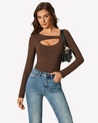 Brown long-sleeve shapewear bodysuit with chest cutout and open neckline.