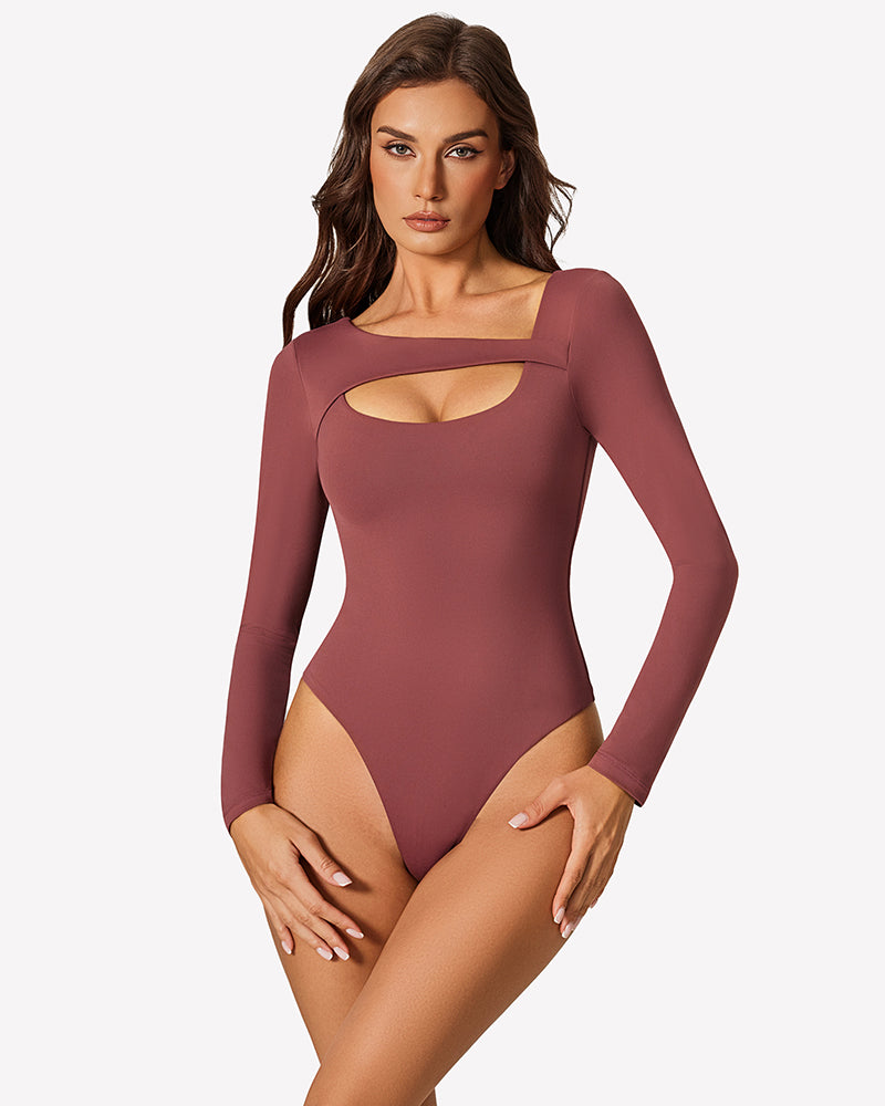 Purple long-sleeve cutout bodysuit with oval neckline and full coverage legs