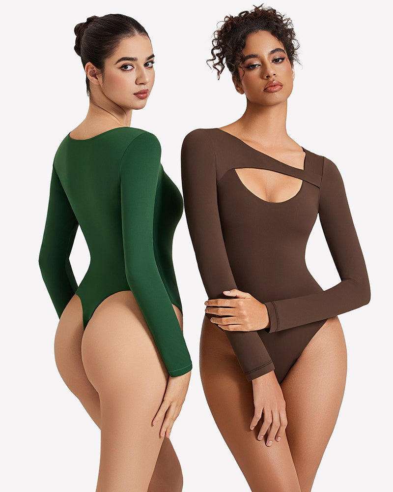 Long-sleeve cutout shapewear bodysuits in green and brown with oval chest openings.